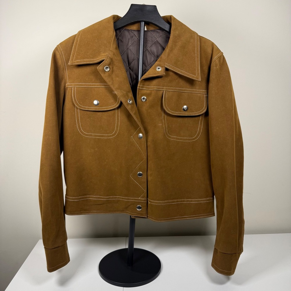 Vtg 70s Faux Suede Trucker Contrast Cropped Jacket Brown Stitch Quilted RN39053